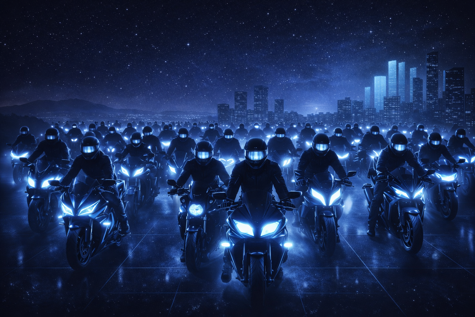Grup MotoYoung de motocicliști într-un stil cinematic neon, văzuți frontal